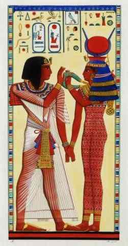 Pharaoh Seti and Goddess hold hands